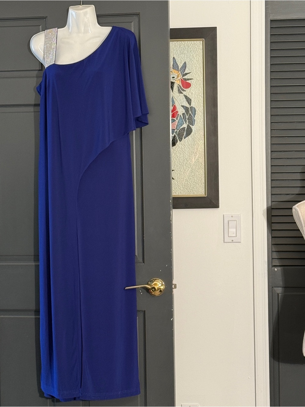 R&M Richards Royal Blue One-Shoulder Rhinestone Draped Formal Jumpsuit Size 10